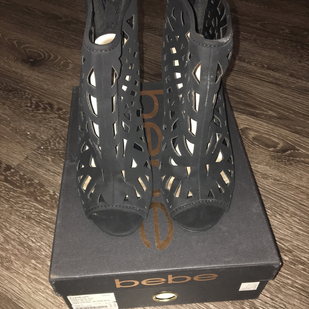 Bebe Black Open Toe Bootie Heel